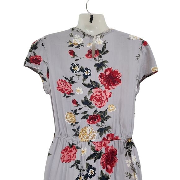 Angie Floral Crochet Trim Midi Faux Wrap Dress Cap Sleeve Multicolor Size Small - Picture 5 of 8